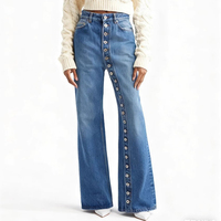 Jean droit taille haute décontracté pour femme Channel Chic, avec boutons apparents, coupe boyfriend, jambe large, en denim, tendance 2026