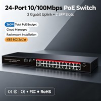 Switch PoE de 24 Puertos Administrado en la Nube, 10/100 Mbps, 2 Puertos de Uplink Gigabit, 2 Puertos SFP, Presupuesto PoE de 360 W, Gestión Remota