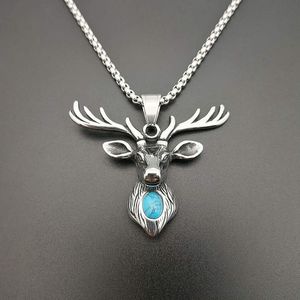 yunnique <b>Titanium</b> Steel Elk Head Pendant Necklace With Turquoise Inlay Silver <b>Chain</b> 3mm 61cm Gift Jewelry Animal Design - Product Image 2