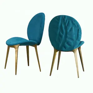 Post-modern lüks kabartmalı yaprak sanat tasarım paslanmaz çelik çerçeve ark şekli yuvarlak arka deri yemek odası sandalyeleri
