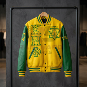 เสื้อแจ็คเก็ต Letterman สำหรับผู้ชาย แบรนด์ Sorority สำหรับฤดูใบไม้ร่วงและฤดูหนาว ดีไซน์ทันสมัย สวมใส่สบาย มีโลโก้ด้านหน้า ผลิตจากโพลีเอสเตอร์/คอตตอนคุณภาพสูง ปรับแต่งได้ CHI ETA PHI - Product Image 3