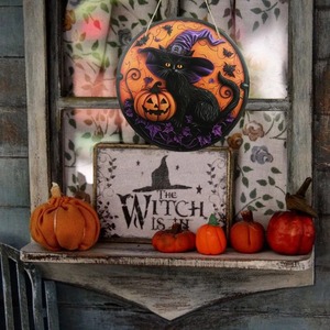 Letrero Redondo <span class=keywords><strong>de</strong></span> Madera con Diseño <span class=keywords><strong>de</strong></span> Gato Negro y Calabaza para Halloween, Decoración <span class=keywords><strong>de</strong></span> Pared con Sombrero <span class=keywords><strong>de</strong></span> Bruja y Murciélago, Adorno Colgante para Puerta en Morado y Naranja, Decoración para Fiesta <span class=keywords><strong>de</strong></span> Halloween - Product Image 3