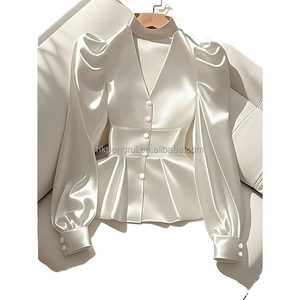 Camisa de satén de manga larga para mujer, estilo casual de lujo, con cuello con muescas, cintura ajustada, cuello en V blanco, personalizada para primavera/verano - Product Image 1