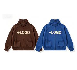 Veste pull zippée en coton tricoté pour femme, col montant, manches longues, longueur normale, hiver, avec poches - Product Image 1