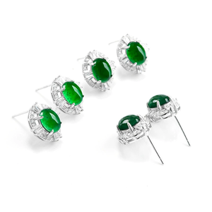 Natural genuine A-grade jadeite oval egg-shaped sun-<b>green</b> stud <b>earrings</b>, ice-grade jade, S925 silver setting, women's <b>earrings</b> - Product Image 2