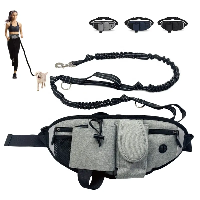 Dual-Handle Hands Free Waist Dog Leash With Zipper Pouch Retractable Bungee Dog Waist Leash For Walking