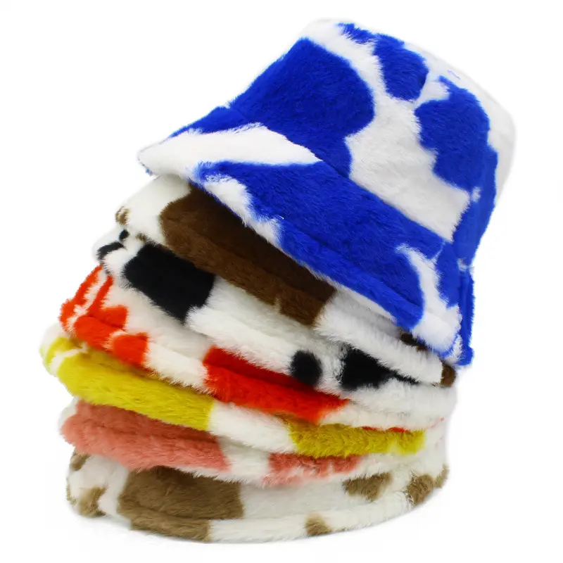 Üst satış sahte kürk düz renk termal rahat kova şapka kabarık peluş kapaklar Retro kış sıcak kürklü balıkçı şapka kapaklar