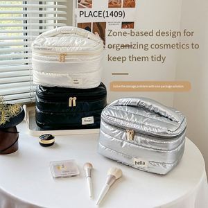 <b>Large</b> Capacity Waterproof Travel Makeup Bag Portable Cosmetic Organizer with Brush Compartment Silver Toiletry Bag - Product Image 4
