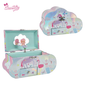 Boîte à musique Licorne Nuage <span class=keywords><strong>de</strong></span> Rêve - Organisateur <span class=keywords><strong>de</strong></span> bijoux en papier avec figurine Sirène, miroir et chansons personnalisées, cadeau <span class=keywords><strong>de</strong></span> princesse pour filles - Product Image 1