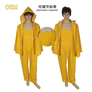 Strong Durable weather gear waterproof PVC polyester rain suit jacket with hooded raincoats for outdoor worker