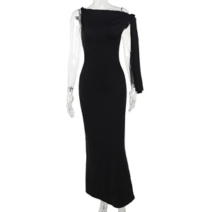 Vestido largo de sirena elegante de un solo hombro con lazo para mujer, color liso, ajustado, sexy y sencillo, estilo bandage, para verano 2026, venta al por mayor - Product Image 2