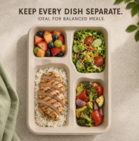 Plateau de service compostable et biodégradable en bagasse de canne à sucre à 4 compartiments avec couvercle pour buffet