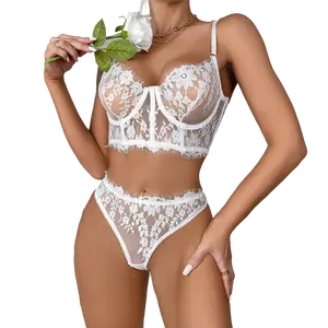 see-through lace embroidery ropa interior de mujer sexi bra & brief sets corset top women's sexy lingerie women for girls