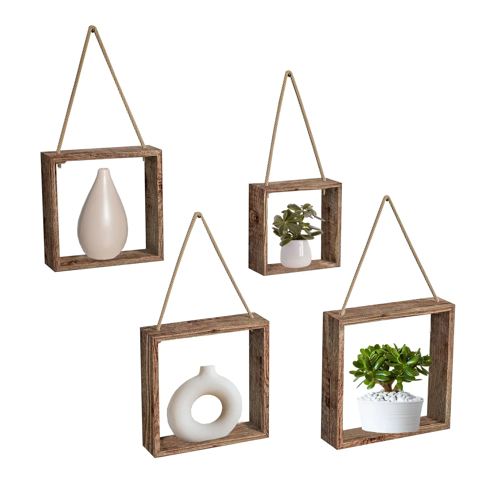 Set Of Wall Decor Rustic Wood Floating Hanging Square Shelves Wall Mounted Cube Display Storage Shadow For Living Room