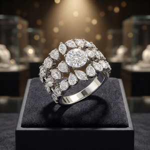 Luxury Women White <b>Gold</b> <b>Cocktail</b> <b>Ring</b> With Round Brilliant Cut Diamond Flower Design Engagement Style - Product Image 3