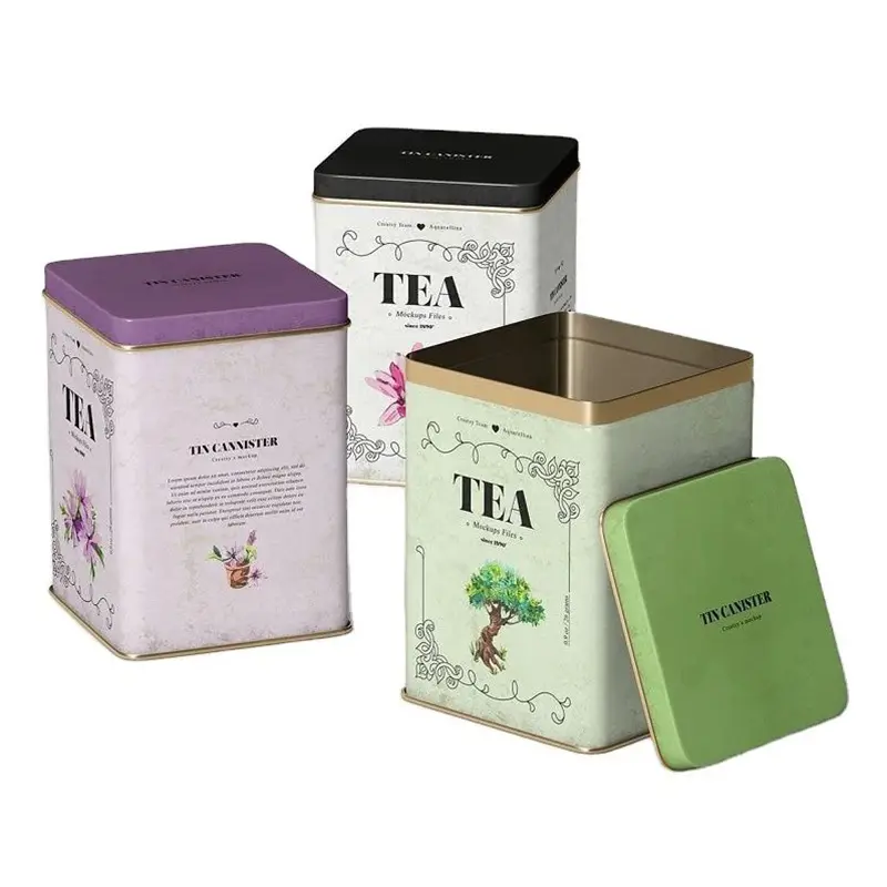 Caja cuadrada de lata de té de metal personalizada al por mayor, contenedor de lata de almacenamiento rectangular de té Suelto