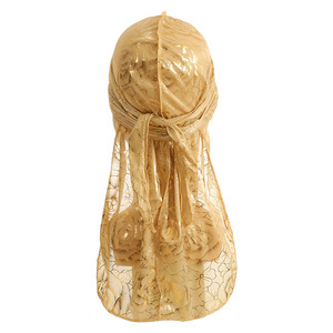 Venta al por mayor Hip Hop Silky Durag Cap Rose Flower Printed Gold Stamping Silk Long Tail Bandanas Turbante Outdoor Transpirable - Product Image 4