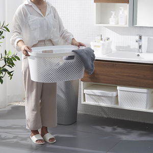Plastic Laundry Basket Rectangle White And Light Gray Lightweight Standing Type Clothing Organizer For Home Storage - Product Image 2