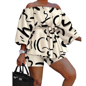 Ensemble imprimé tie-dye coloré de grande taille pour femmes, taille ample, manches chauve-souris, épaules dénudées, ensemble <span class=keywords><strong>short</strong></span> serré, ensemble deux pièces - Product Image 5