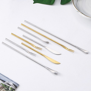 Juego de cuchara y tenedor de mango largo estilo japonés de acero inoxidable 304, utensilios reutilizables para mezclar cócteles y postres - Product Image 2