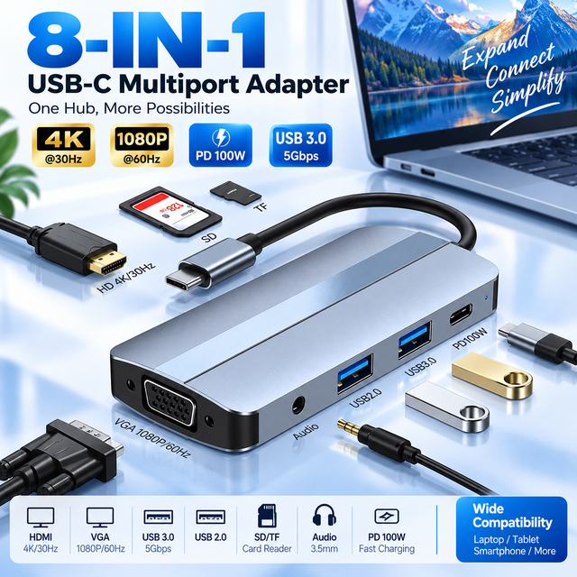Multi Functional 8 in 1 USB C Docking Station Multiport Type C Hub with 4K HDMI VGA USB3.0 Interface for Laptop OEM Available