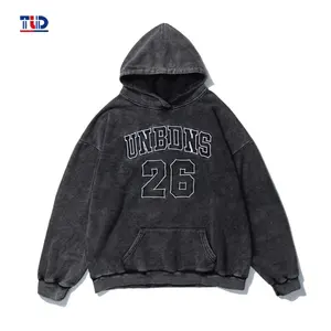 Black Street Vintage Washed Fleece Pullover Heavy Weight Cotton Wash Hoodie Men's Custom Embroidery Oversized Acid Wash Hoodie