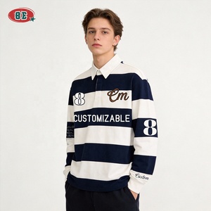 OEM/ODM Custom Screen Print Logo Drop Shoulder Vintage Sporty Polo <strong>Shirts</strong> Streetwear <strong>Long</strong> <strong>Sleeve</strong> Stripe <strong>T</strong> <strong>Shirt</strong> for Men - Product Image 3