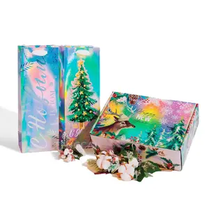 FREE DESIGN PAPER BOX + BAG, Luxury Holographic Rainbow Silver Paper Custom Printed Packaging Box with Paper Gift Bag