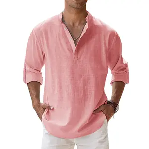 Fitspi <span class=keywords><strong>T</strong></span>-<span class=keywords><strong>shirt</strong></span> <span class=keywords><strong>Homme</strong></span> en <span class=keywords><strong>Lin</strong></span> à Col Montant et Manches Longues, Coupe Ample, Couleur Unie, en <span class=keywords><strong>Coton</strong></span> et <span class=keywords><strong>Lin</strong></span>, Vente en Gros - Product Image 1