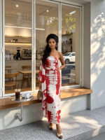 Robe longue en satin tie-dye asymétrique à épaules dénudées et manches évasées, coupe ajustée, idéale pour les soirées – Collection 2026, vente en gros
