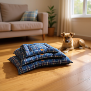 Set di Tre Pezzi in Lino a Quadri Blu per Lettini per Cani - Product Image 3