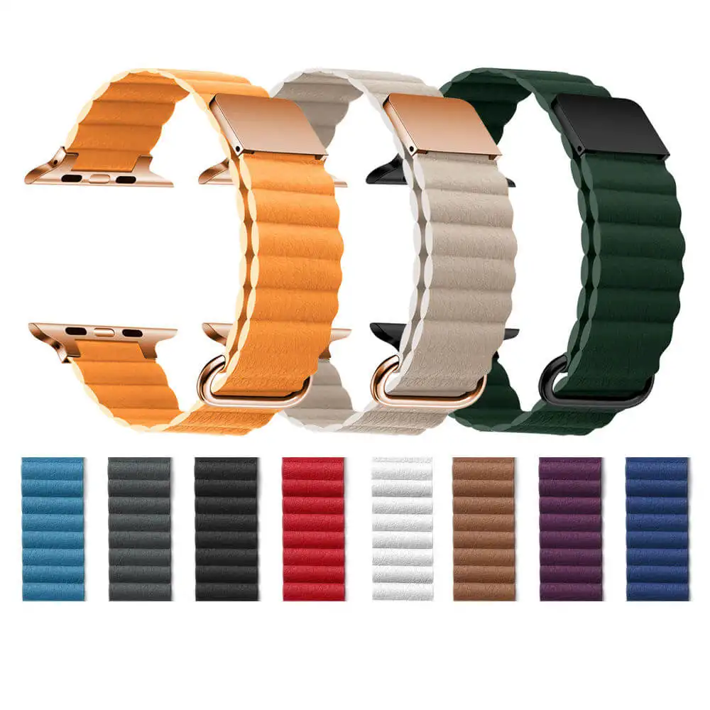 Magnetic Leather Link Band Strap for Apple Watch Series 8 7 Ultra 49mm Reverse Buckle Leather Loop Band Strap For IWatch Series