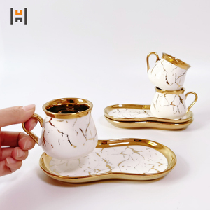 Set da tè turco in ceramica <span class=keywords><strong>tazza</strong></span> e piattino in porcellana con manico dorato Set di tazze da caffè per dessert espresso all'ingrosso - Product Image 5