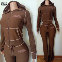Nouveauté 2026 Ensemble 2 pièces pour femme en coton tricot gaufré : Veste courte et pantalon évasé, avec bordure en fourrure, style streetwear