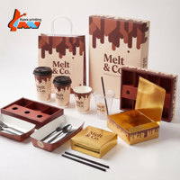 Ensemble d'emballages à café motif tourbillon rétro : tasses, sacs, boîtes, plateaux, couverts avec design ondulé vintage pour café urbain, personnalisation complète