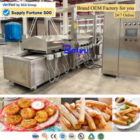 Ligne de friture continue pour galettes de viande, nuggets de poulet, doigts de poisson et frites, idéale pour les cuisines centralisées de restauration rapide et les usines agroalimentaires
