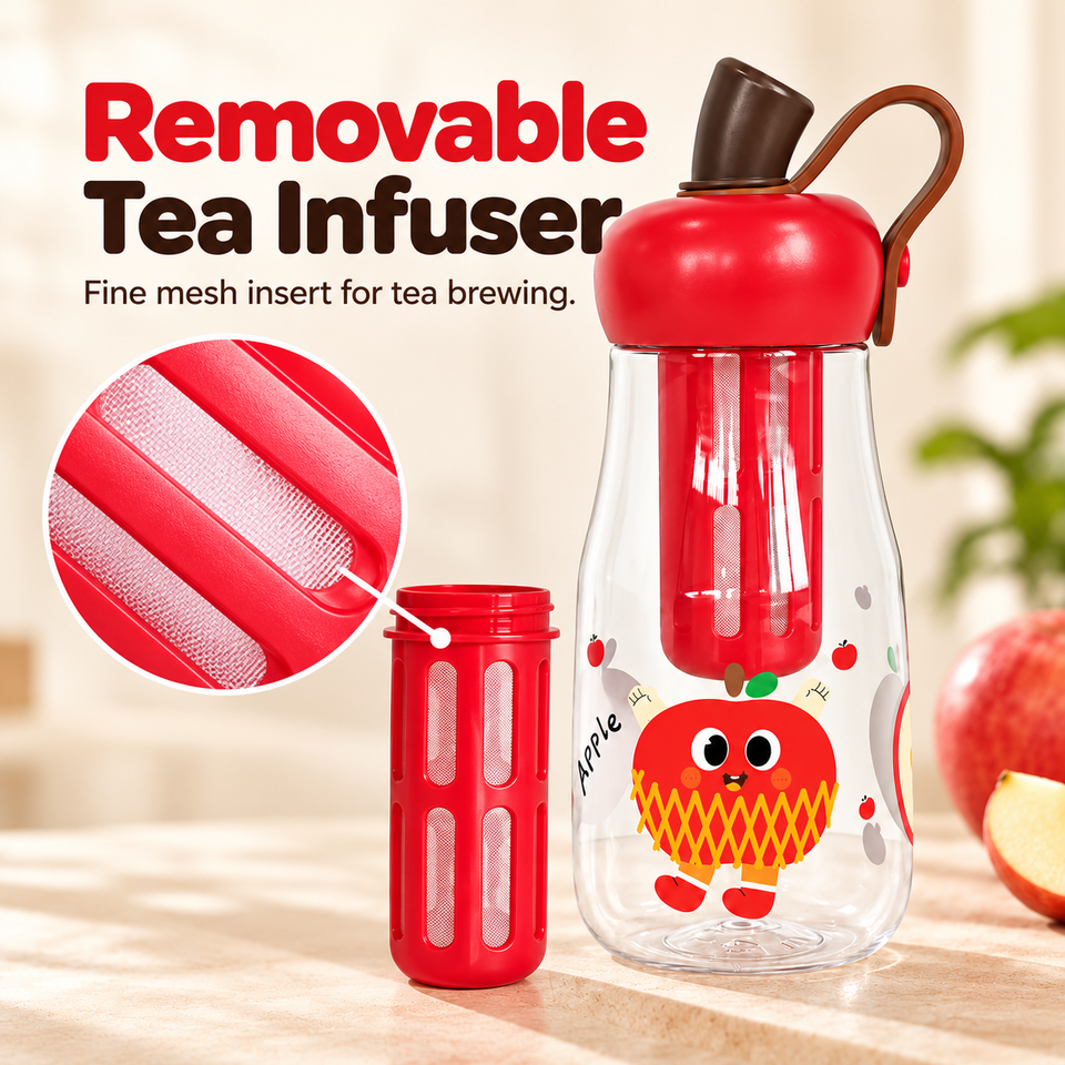 500ml Cartoon Apple Water Bottle with Removable Tea Infuser Straw Lid ...