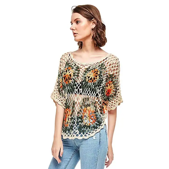 Knitwear Women's Flower Embroidery Tees Short Sleeve Hand Knit Blouses Hollow-Out Knitwear Tops