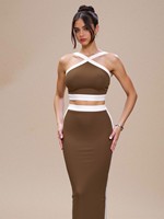 Robe longue moulante d'été pour femme à bretelles croisées, élégante, haut de gamme, col licou, style sophistiqué et noble, bandage de luxe