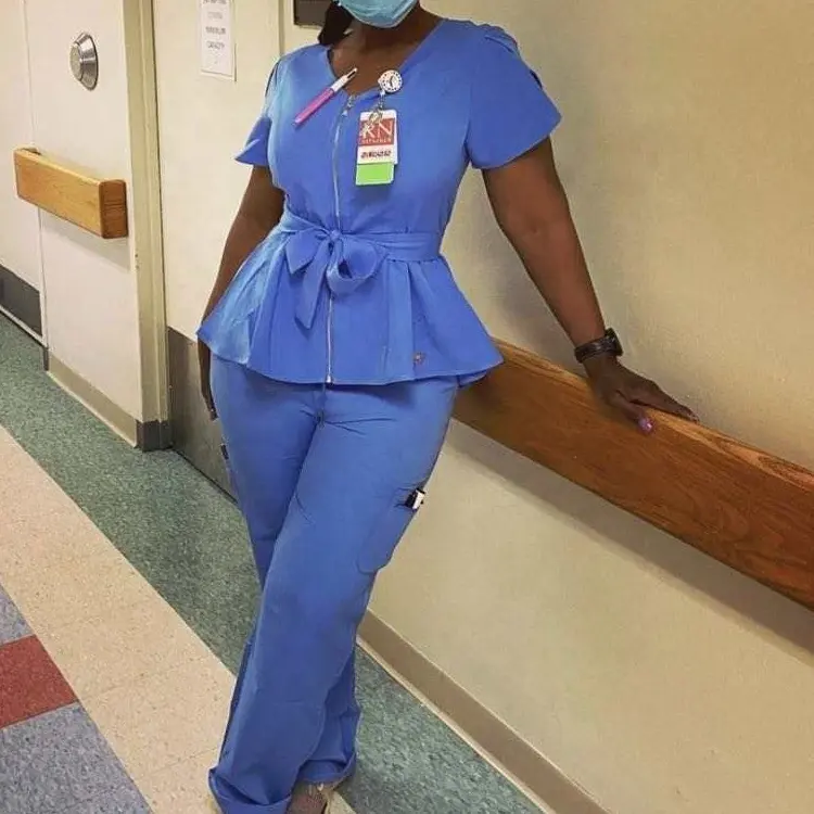 High Quality Stretchy Short-Sleeved Nurses Scrubs Flared Ladies Women Scrubs Uniforms Sets