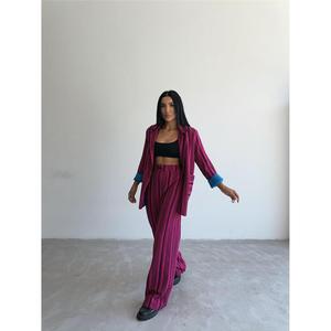 Ensemble veste et pantalon rayés ottomanisés fuchsia pour femme, tissu pleuche, pantalon large, coupe ample - Product Image 6