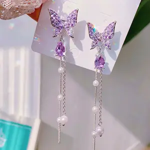 Boucle d'oreille avec papillon violet, longue perle, gland, zircon, cristal, pierres précieuses pour femmes