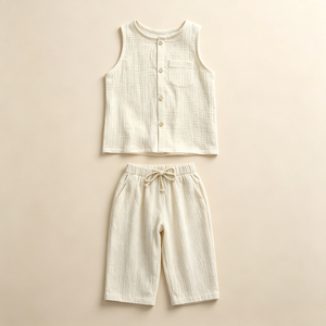Completo Estivo in Cotone per Ragazze, 2 Pezzi: Top Senza Maniche con Bottoni e Tasche, Pantaloni a Gamba Larga con Coulisse, Outfit Traspirante OEM ODM - Product Image 2