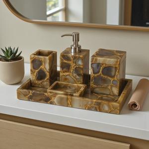 Ensemble d'accessoires de salle de bain en pierre d'agate de marbre naturel, 5 pièces, comprenant un distributeur de savon, un porte-brosse à dents, un plateau, un gobelet, un ensemble de salle de bain - Product Image 3