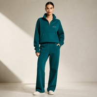 Ensemble de survêtement 2 pièces pour femme avec logo brodé personnalisé, pull à col montant et fermeture éclair quart de tour, pantalon de survêtement large – Fabricant