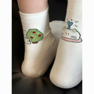 Chaussettes mi-mollet en coton respirant pour femmes, motif chaton de dessin animé mignon, style jeune, pour le printemps et l'automne - Product Image 2