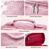 Sac cosmétique personnalisé en gros avec logo, finition métallique rose, motif gaufré, double fermeture éclair, trousse de maquillage portable