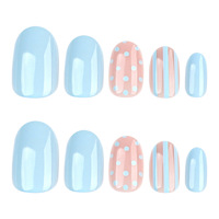 Uñas postizas azules personalizadas al por mayor, reutilizables, de ABS, a presión, con pegamento, cortas, en forma de almendra, con rayas y lunares, puntas de uñas para usar en los dedos.