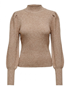 Pull décontracté pour femme à col montant côtelé en mélange de viscose, manches longues bouffantes, idéal pour l'automne - Product Image 2