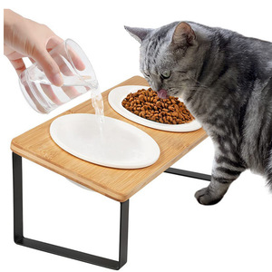 Support en bois pour gamelles de chat, double ovale, surélevé, pour chats et petits chiens - Product Image 1